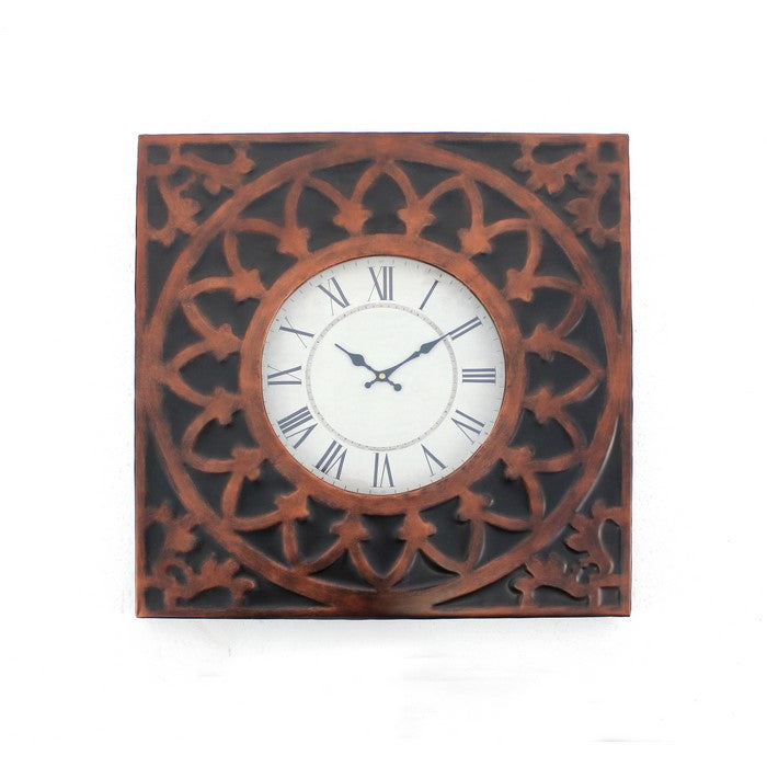 Baroque Design Metal Wall Clock with Roman Numerals, Brown and Black