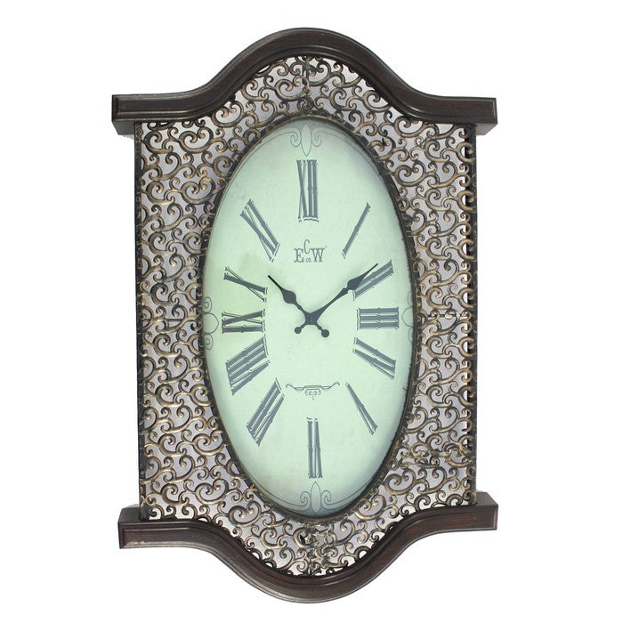 Wall Clock with Scalloped Wooden Top and Bottom, Brown