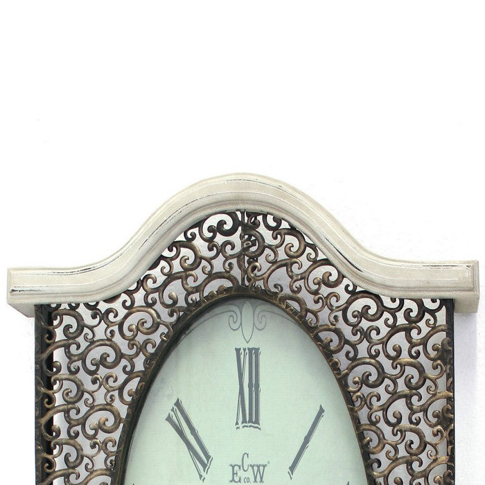 Wall Clock with Scalloped Wooden Top and Bottom, White