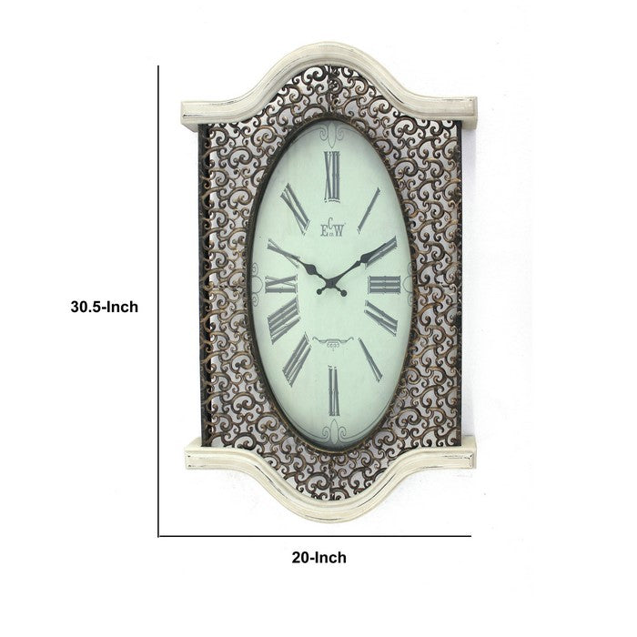 Wall Clock with Scalloped Wooden Top and Bottom, White