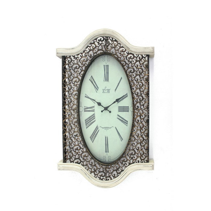 Wall Clock with Scalloped Wooden Top and Bottom, White