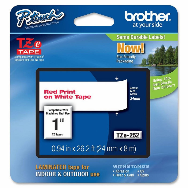 Brother Tape, Laminated Red on White, 24mm (Tze252) - Retail Packaging