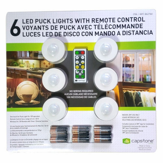 Capstone 6 LED Wireless Puck Lights with Remote Control, White