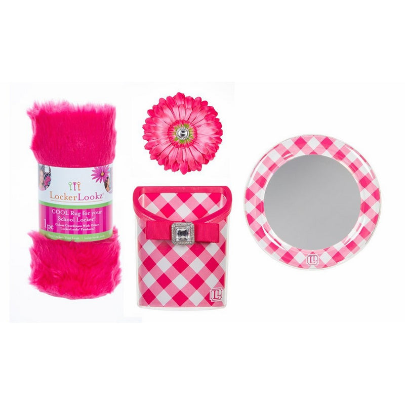 Locker Lookz Pink Gingham Locker Rug, Bin, Mirror, and Magnetic Flower Set (4 Piece Bundle)