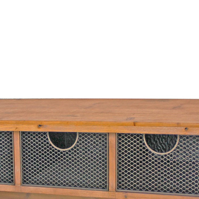 Wooden Wall Shelf with 4 Hooks and 3 Wire Baskets, Brown