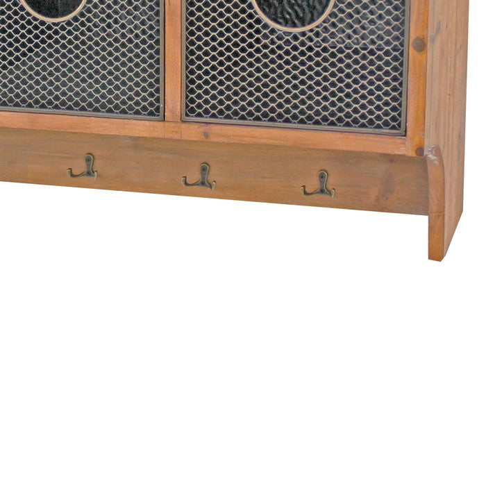 Wooden Wall Shelf with 4 Hooks and 3 Wire Baskets, Brown