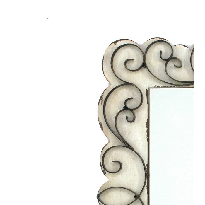 Rectangular Wall Mirror with Wooden Frame and Metal Scrolled edges, White
