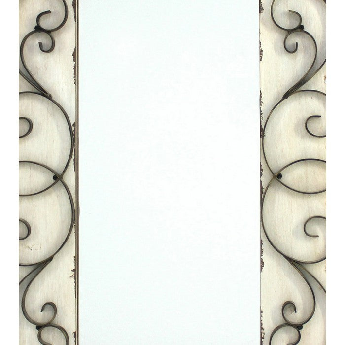 Rectangular Wall Mirror with Wooden Frame and Metal Scrolled edges, White
