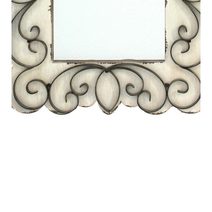 Rectangular Wall Mirror with Wooden Frame and Metal Scrolled edges, White