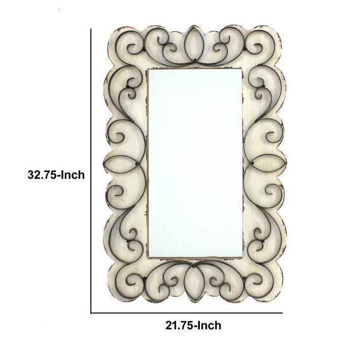 Rectangular Wall Mirror with Wooden Frame and Metal Scrolled edges, White