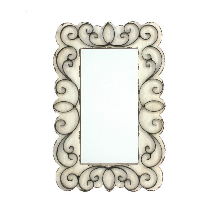 Rectangular Wall Mirror with Wooden Frame and Metal Scrolled edges, White