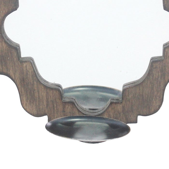 Wooden Candle Holders with Mirror and Quatrefoil Pattern, Set of 2, Brown