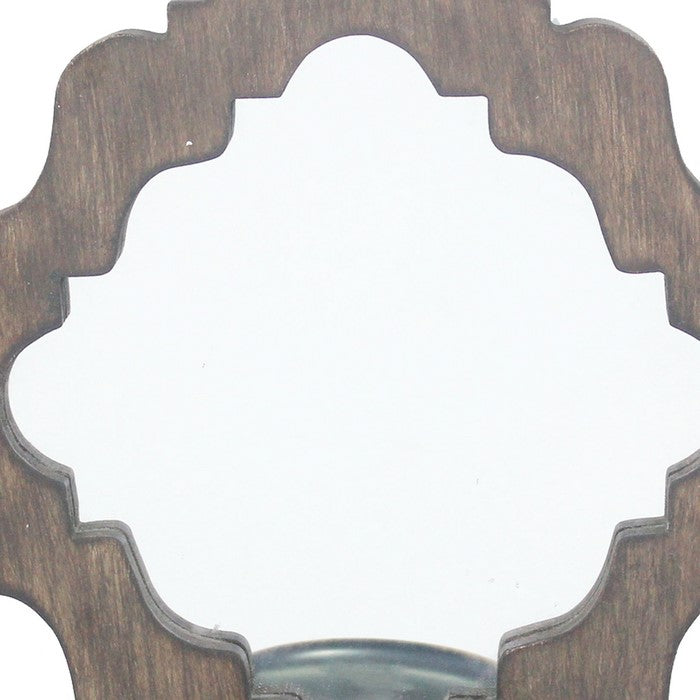 Wooden Candle Holders with Mirror and Quatrefoil Pattern, Set of 2, Brown
