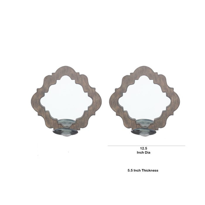 Wooden Candle Holders with Mirror and Quatrefoil Pattern, Set of 2, Brown