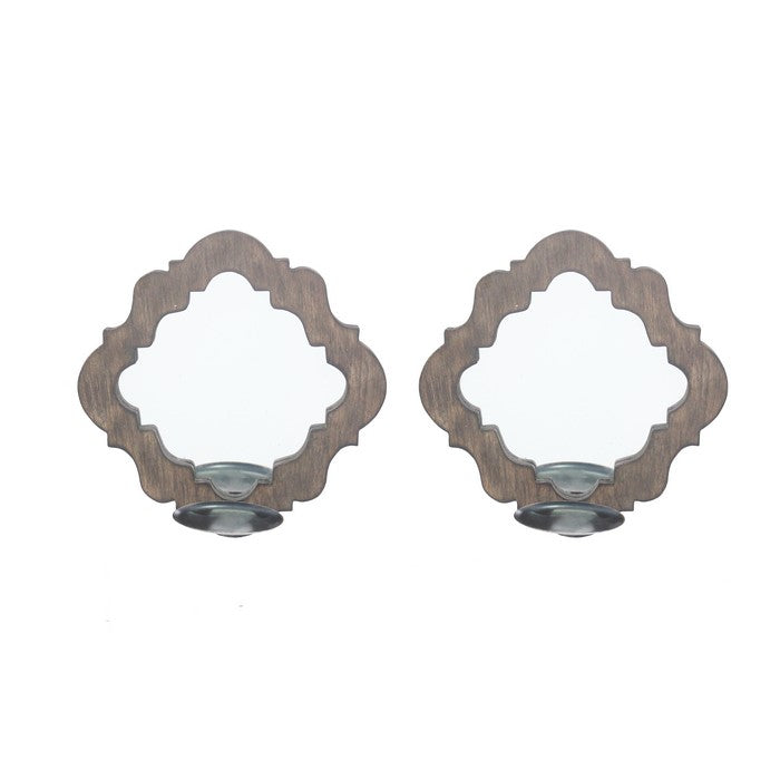 Wooden Candle Holders with Mirror and Quatrefoil Pattern, Set of 2, Brown