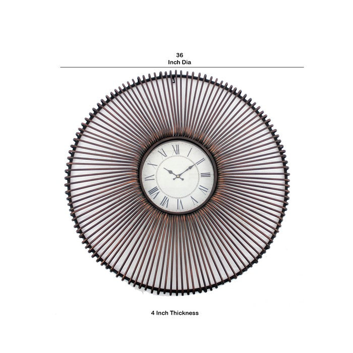 Wall Clock with Metal Fan Guard Design Frame, Brown
