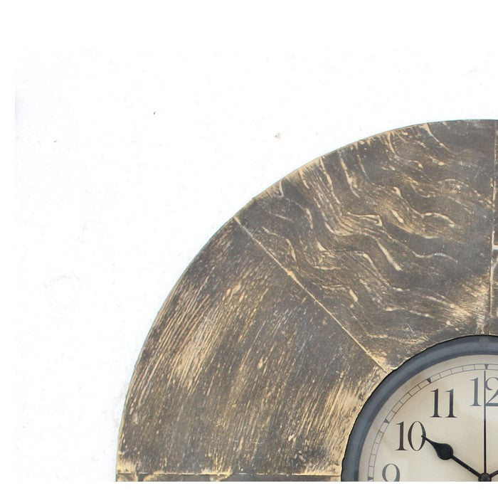 Circular Wall Clock with Engraved Textured Frame, Brown