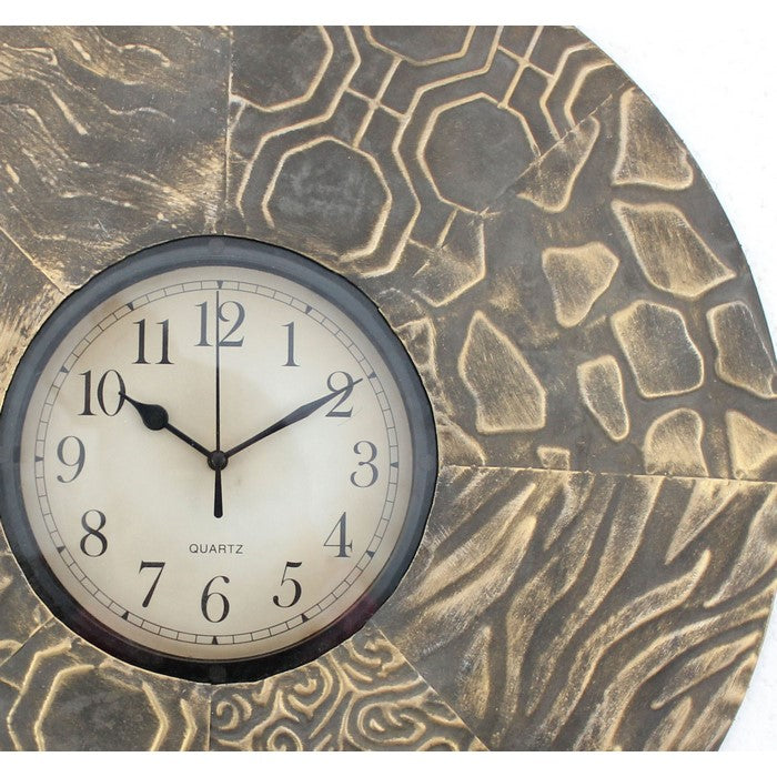 Circular Wall Clock with Engraved Textured Frame, Brown