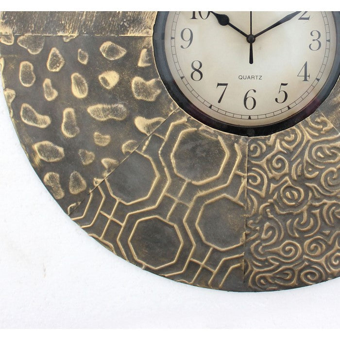 Circular Wall Clock with Engraved Textured Frame, Brown