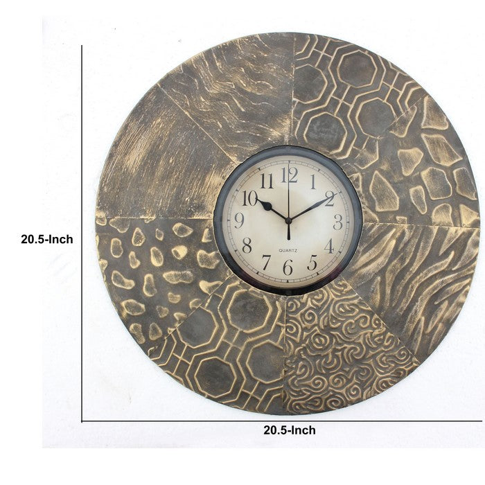 Circular Wall Clock with Engraved Textured Frame, Brown