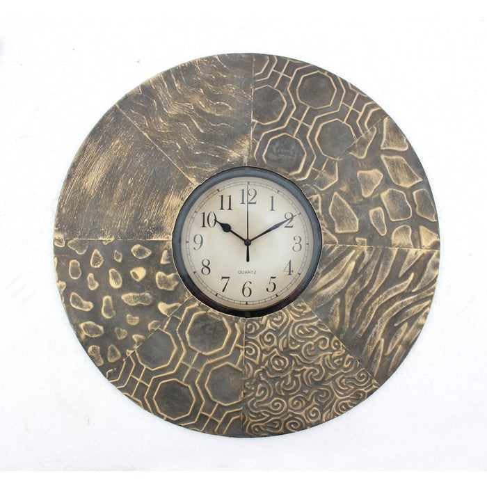 Circular Wall Clock with Engraved Textured Frame, Brown