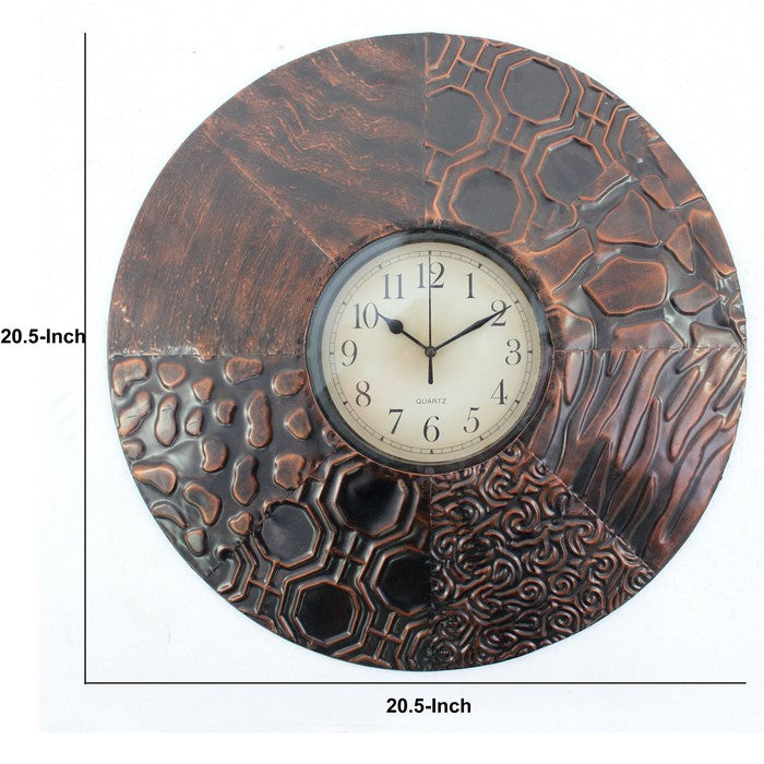 Circular Wall Clock with Engraved Textured Frame, Bronze