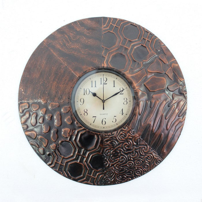 Circular Wall Clock with Engraved Textured Frame, Bronze