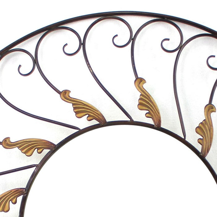 Round Metal Wall Mirror with Scroll Details, Bronze and Gold