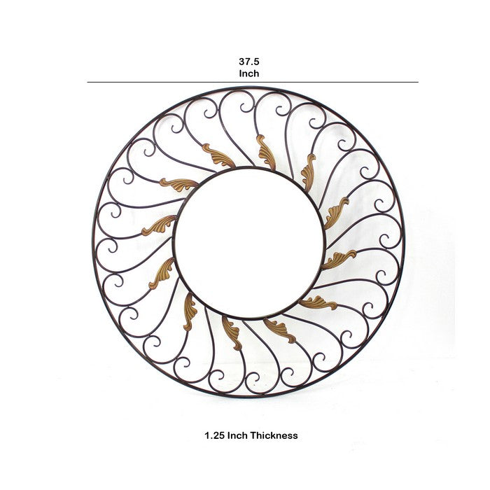 Round Metal Wall Mirror with Scroll Details, Bronze and Gold