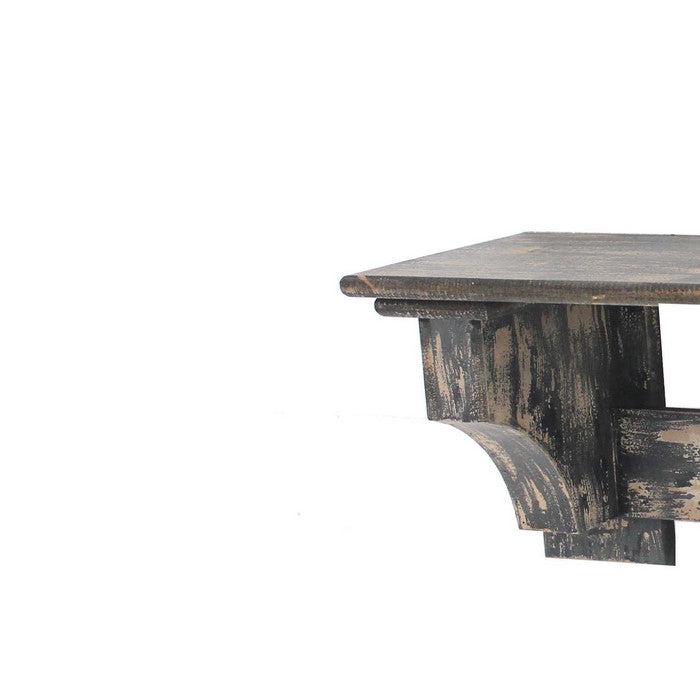 Wooden Wall Shelf with 4 Hooks and Carved Side Frames, Distressed Black