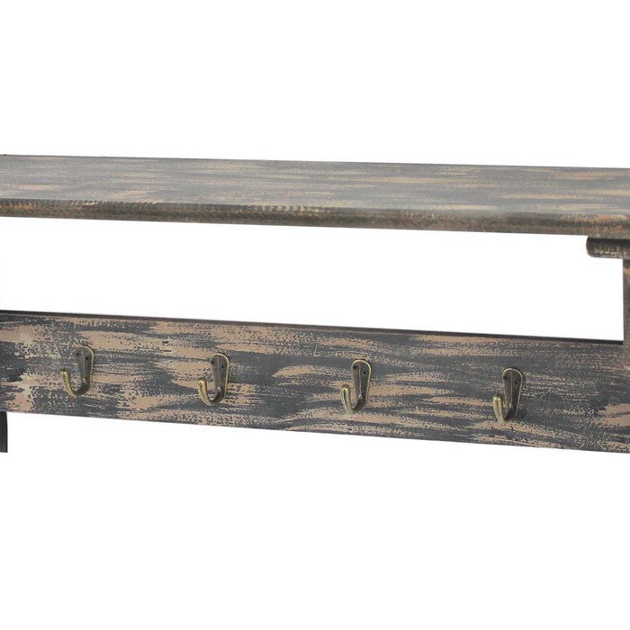 Wooden Wall Shelf with 4 Hooks and Carved Side Frames, Distressed Black