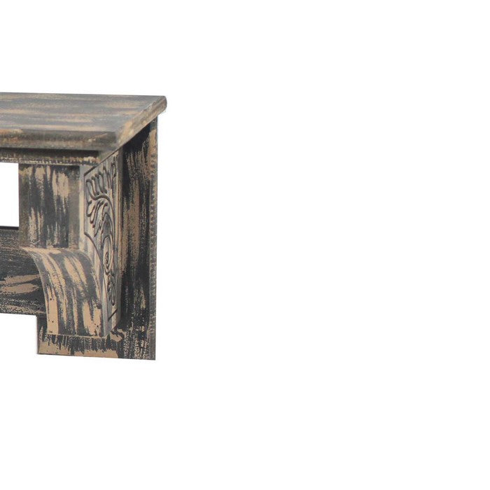 Wooden Wall Shelf with 4 Hooks and Carved Side Frames, Distressed Black
