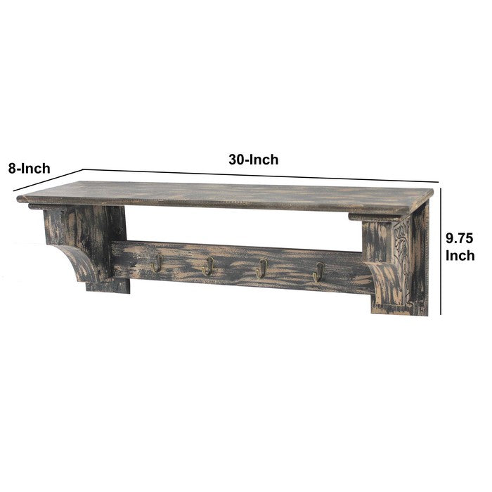 Wooden Wall Shelf with 4 Hooks and Carved Side Frames, Distressed Black