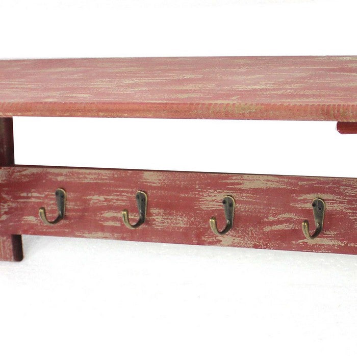 Wooden Wall Shelf with 4 Hooks and Carved Side Frames, Distressed Red