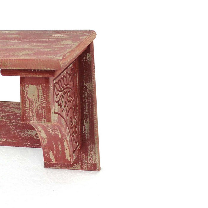Wooden Wall Shelf with 4 Hooks and Carved Side Frames, Distressed Red