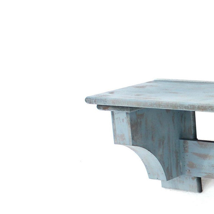 Wooden Wall Shelf with 4 Hooks and Carved Side Frames, Distressed Blue