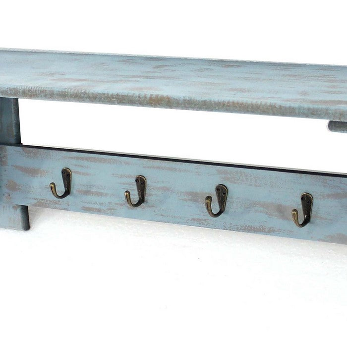 Wooden Wall Shelf with 4 Hooks and Carved Side Frames, Distressed Blue