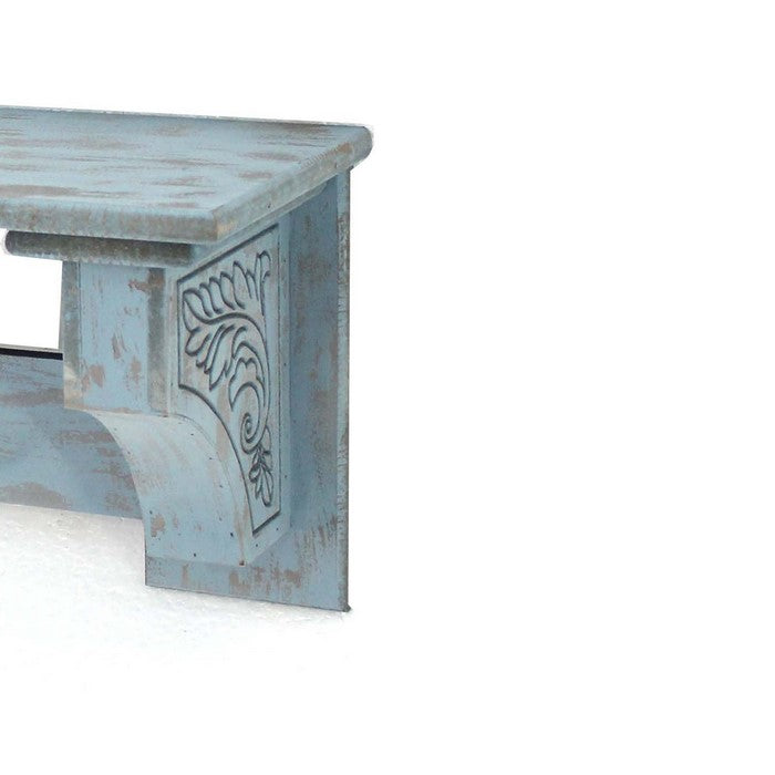 Wooden Wall Shelf with 4 Hooks and Carved Side Frames, Distressed Blue