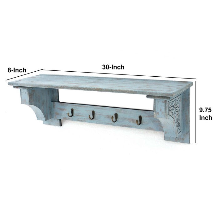 Wooden Wall Shelf with 4 Hooks and Carved Side Frames, Distressed Blue