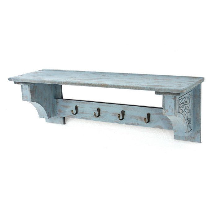 Wooden Wall Shelf with 4 Hooks and Carved Side Frames, Distressed Blue