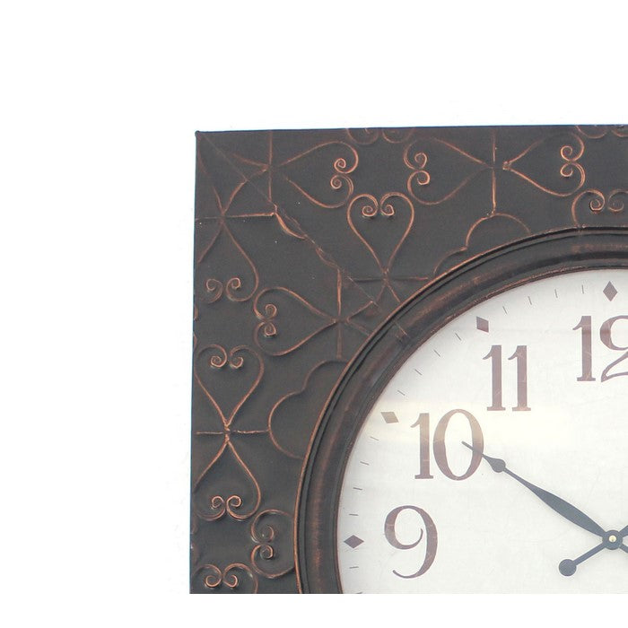 Square Metal Wall Clock with Embossed Intricate Carvings, Bronze