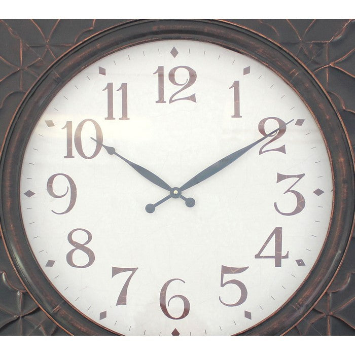 Square Metal Wall Clock with Embossed Intricate Carvings, Bronze