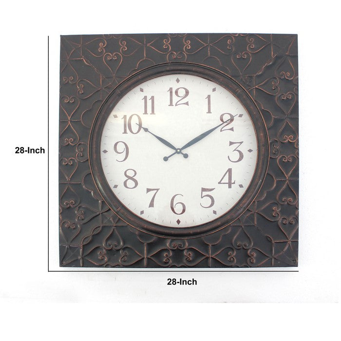Square Metal Wall Clock with Embossed Intricate Carvings, Bronze