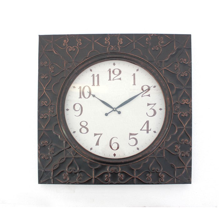 Square Metal Wall Clock with Embossed Intricate Carvings, Bronze