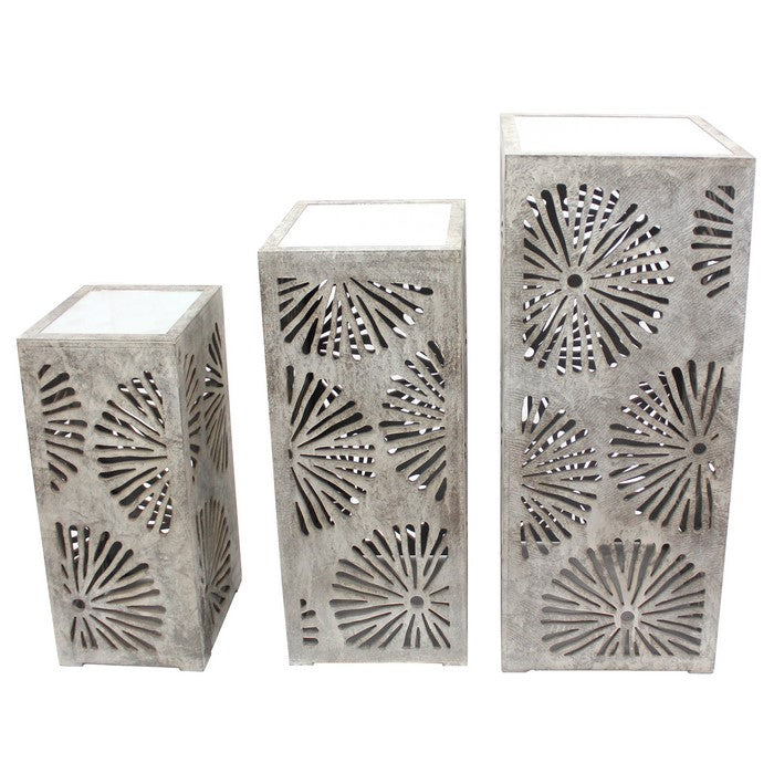 3 Piece Nesting Table with Mirrored Top and Cut Out Details, Gray