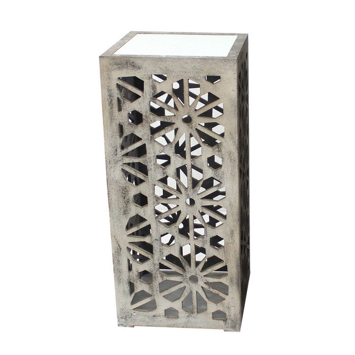 3 Piece Nesting Table with Mirror Top and Floral Cut Outs, Gray