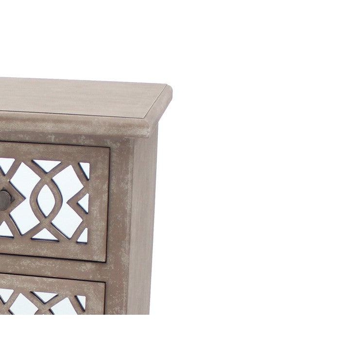 Cottage Style Cabinet with 3 Drawers and Lattice Pattern, Brown and Silver
