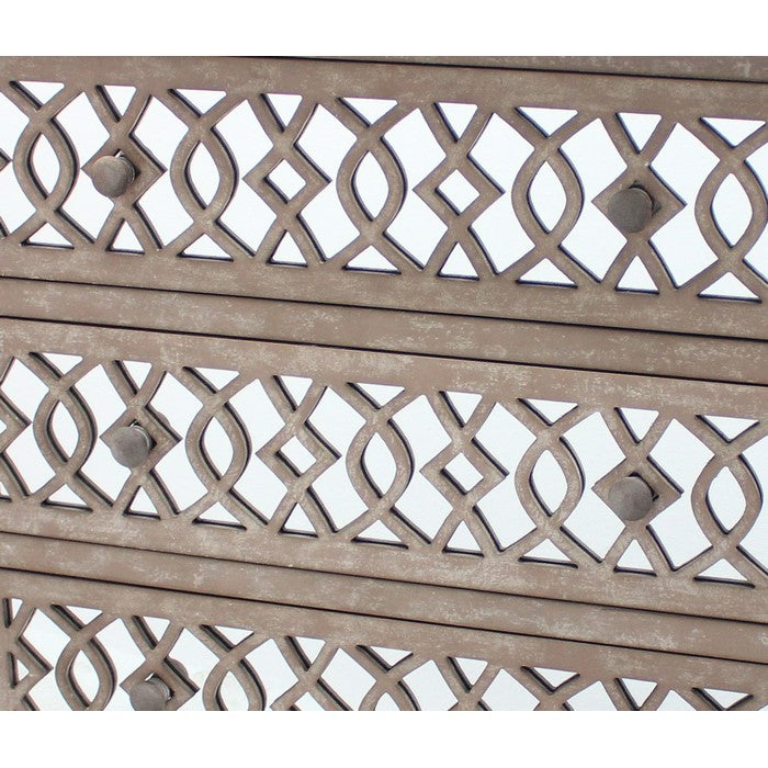 Cottage Style Cabinet with 3 Drawers and Lattice Pattern, Brown and Silver