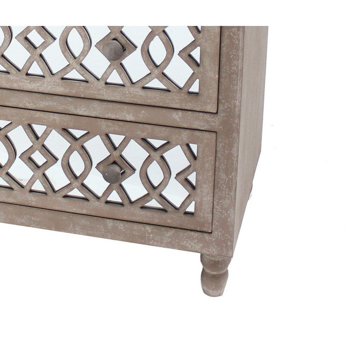 Cottage Style Cabinet with 3 Drawers and Lattice Pattern, Brown and Silver