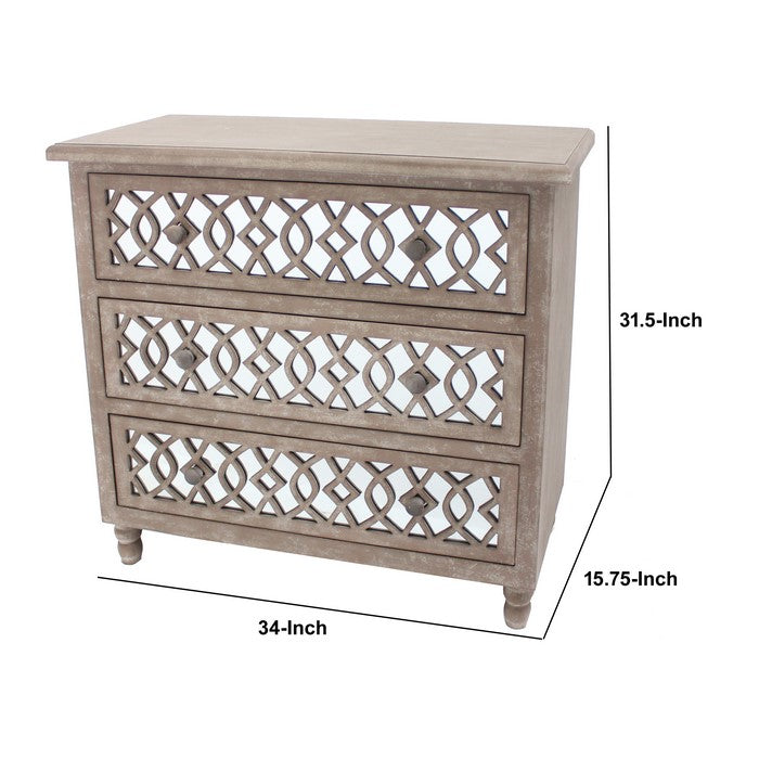 Cottage Style Cabinet with 3 Drawers and Lattice Pattern, Brown and Silver